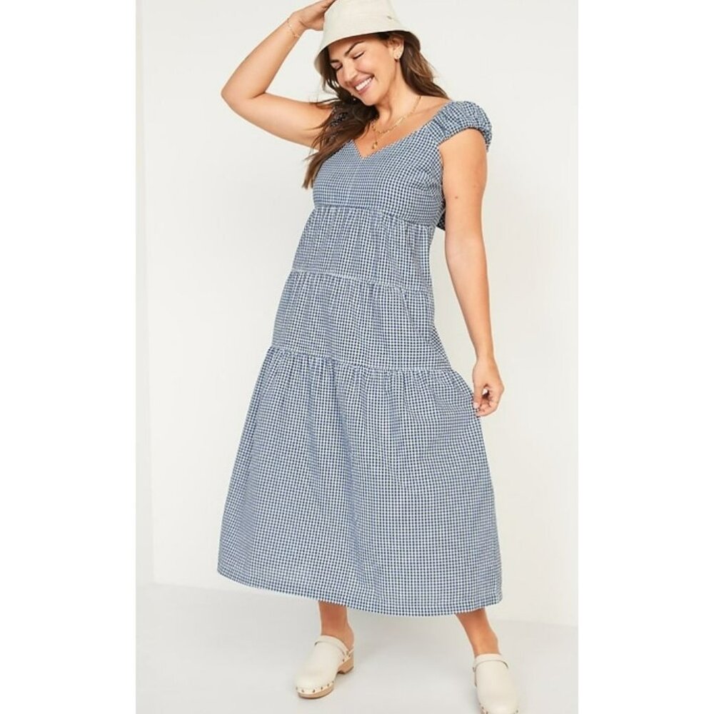 Old Navy Blue White Gingham Check Fit & Flare Tiered Seersucker Maxi Dress L